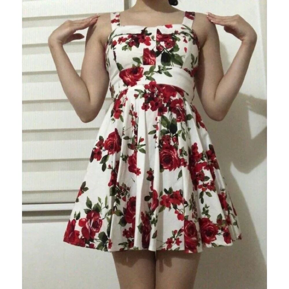 NWT Ixia White Red Rose Vintage Style Floral Fit & Flare Pinup Dress L